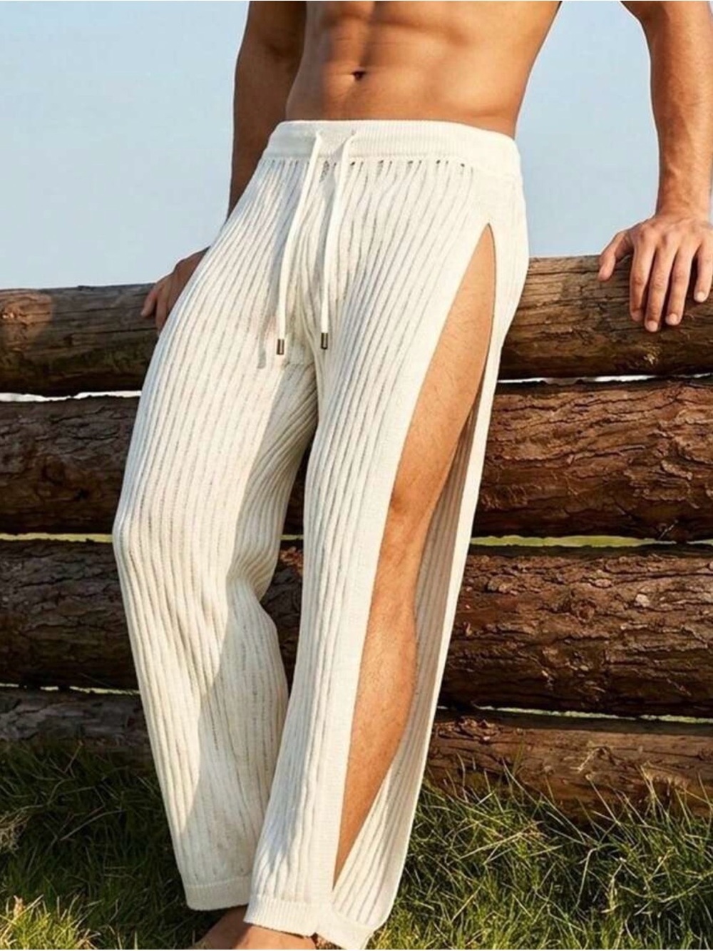 Men's Cream Ribbed Side-Slit Lounge Pants